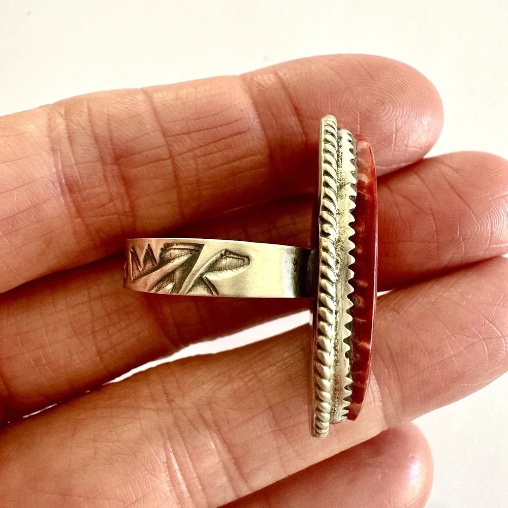 Navajo Orange Spiny Oyster Ring Sz 9 Flat Cab Sterling Signed‎ Selina Warner USA